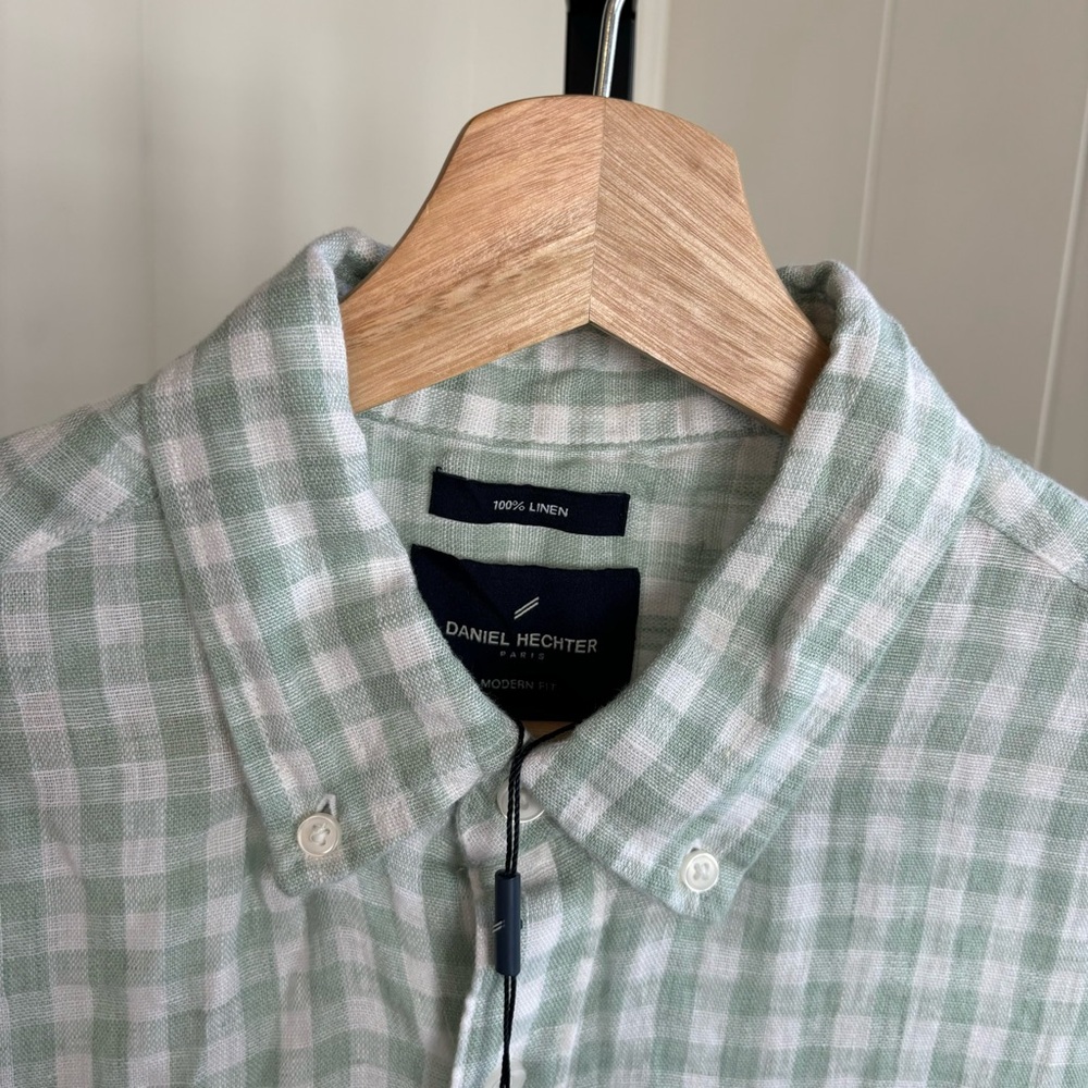 DANIEL HECHTER Green Gingham Plaid Linen Short Sleeve Slim Button Up Shirt Men M